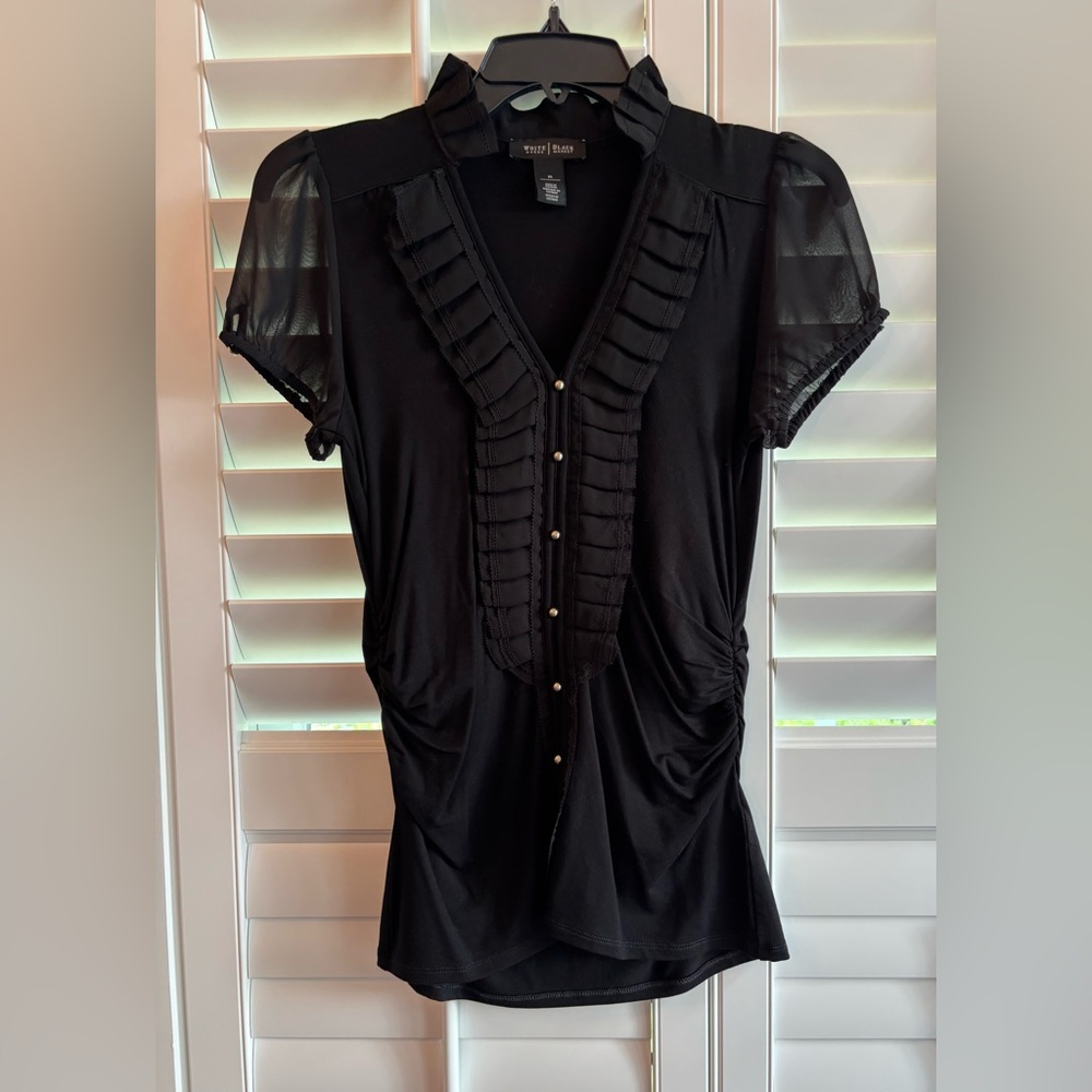 White House Black Market Black Ruffled Bib Collar Blouse